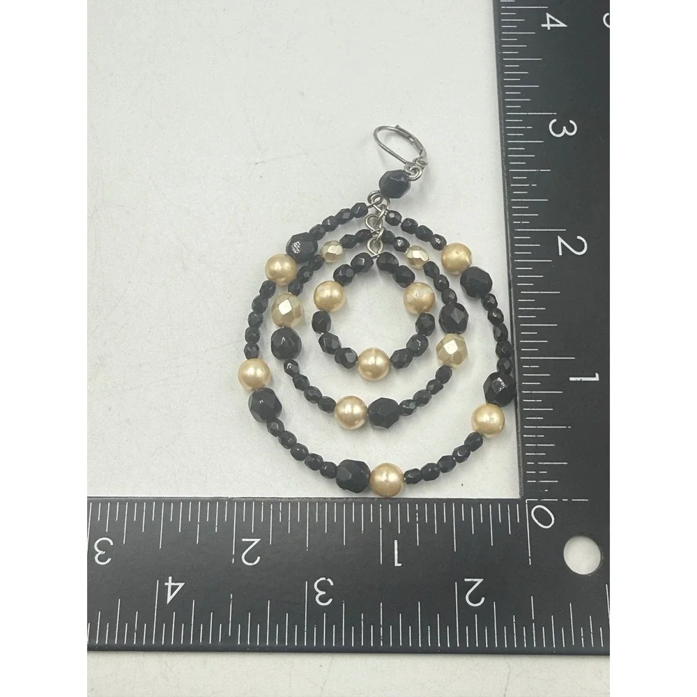 Black and Cream Faux Pearl Multi Strand Tiered Hoop Chandelier Earrings